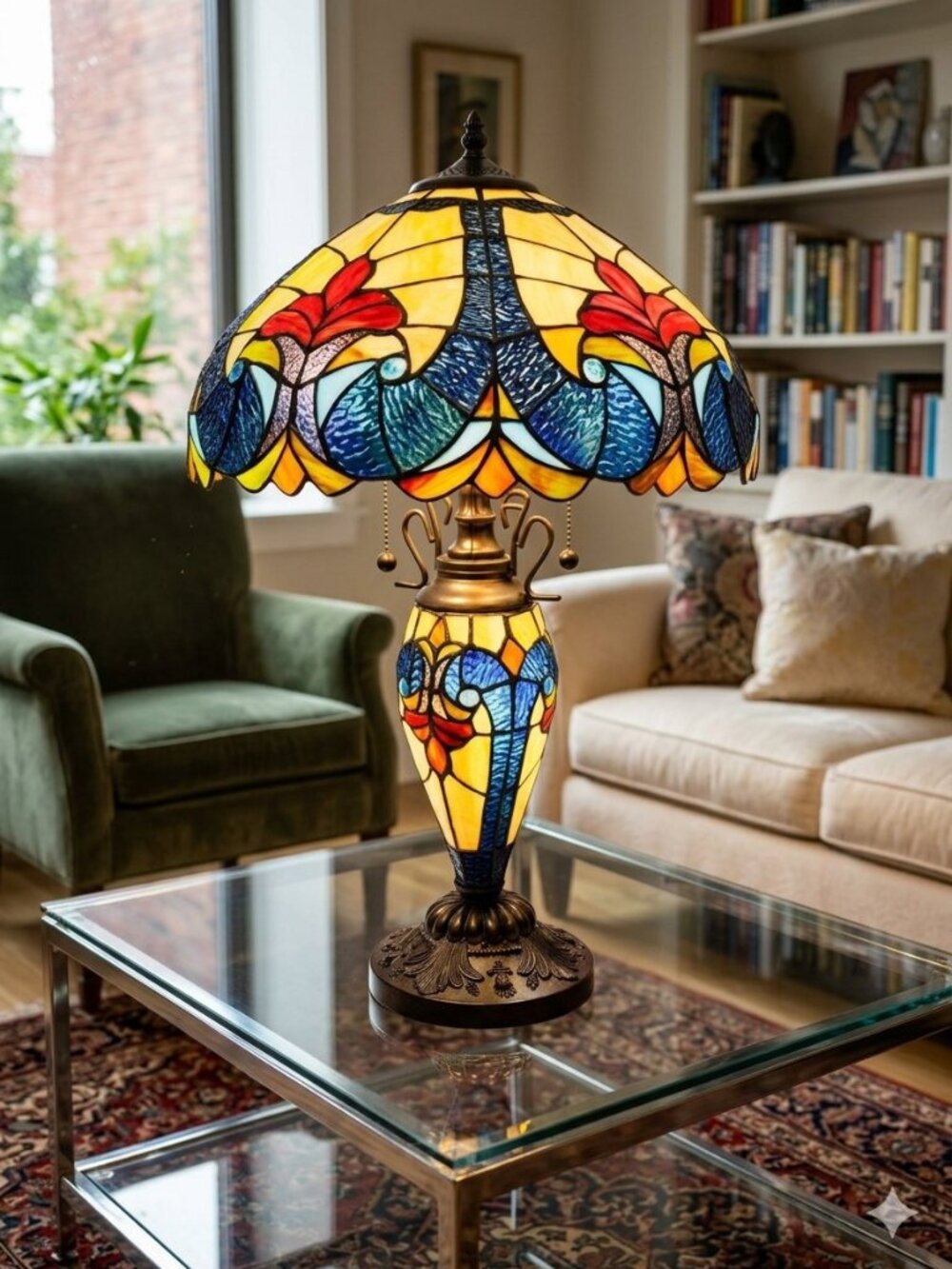 24" Tiffany Style Handcrafted Stained Glass Table Lamp, Vintage Desk Lamp